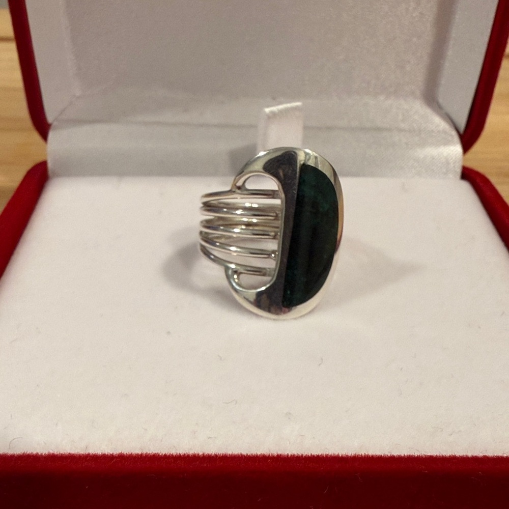 Peruvian Silver Green Stone Statement Ring Size 7… - image 5